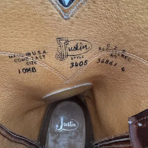 Justin Western Cowboy Boots Tan Brown Leather Pull-On Mens Size 10.5B Style 3408 - Picture 6 of 7